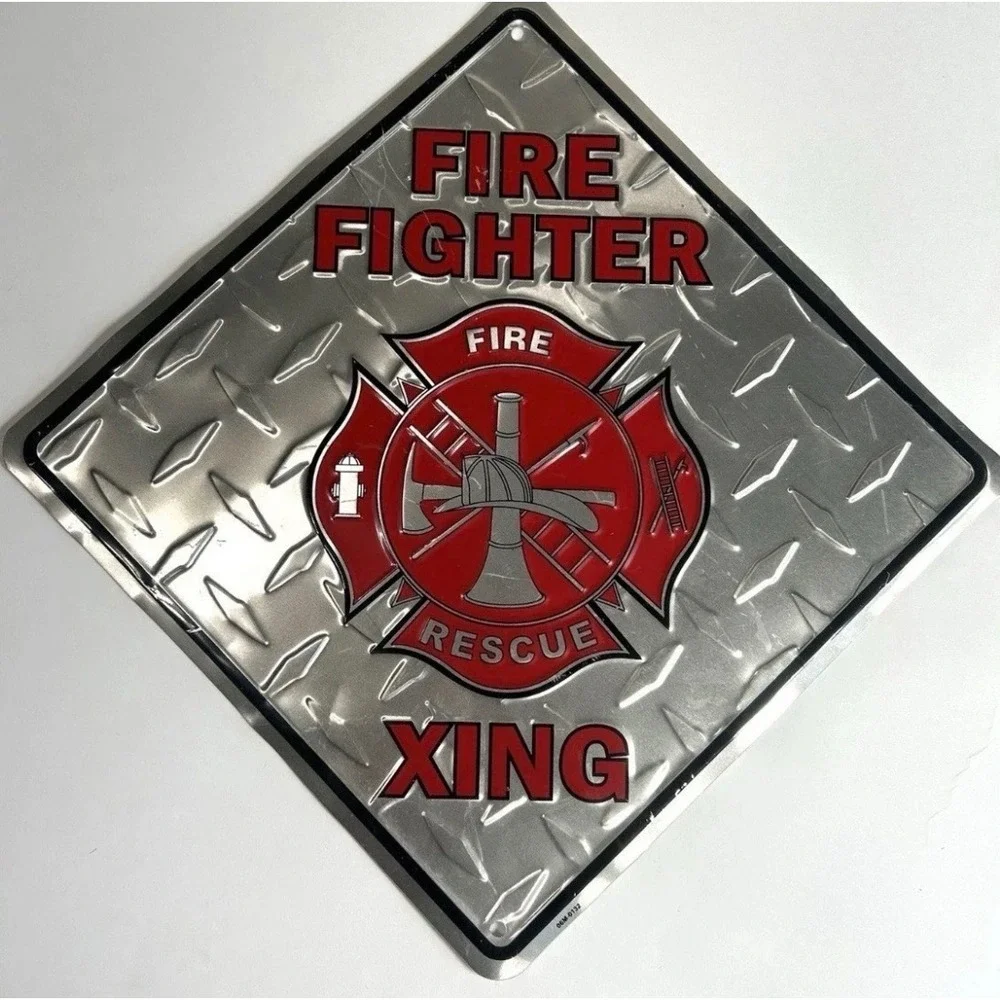 Fire Fighter Crossing Metal Sign Embossed Diamond Plate Fire Rescue 12x12 Silver
